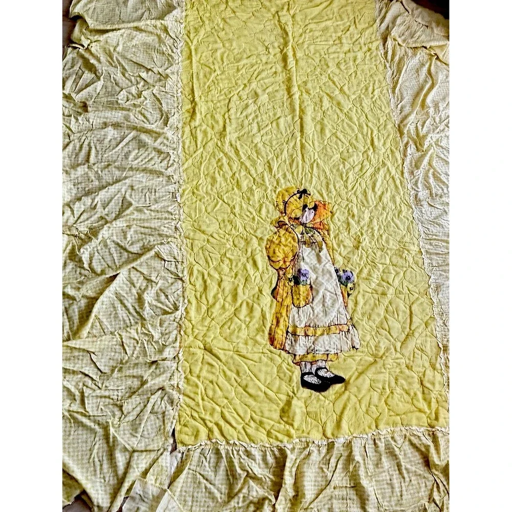 Vtg 70s Holly Hobby Thin Bedspread Cottagecore Prairie Yellow‎ Plaid Ruffle Twin